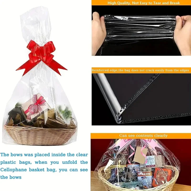 25/50 pct large clear cellophane bag with bow, perfect for gift baskets and gift wrapping Christmas New Year holiday decorations