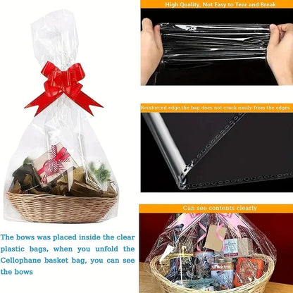 25/50 pct large clear cellophane bag with bow, perfect for gift baskets and gift wrapping Christmas New Year holiday decorations
