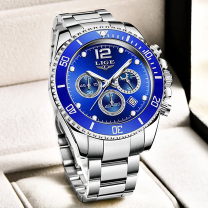 LIGE Outdoor Sport Watch For Men Fashion Military Waterproof Luminous Men Watch Round Stainless Steel Quartz Chronograph Male
