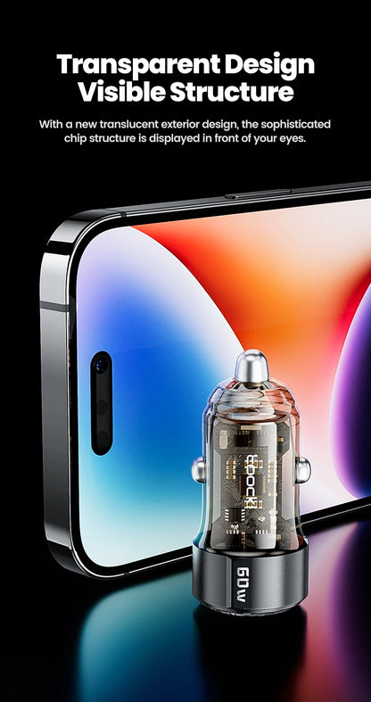 Toocki Transparent USB Type C Car Charger PD QC 3.0 Fast Charging 60W USB C Car Mobile Phone Charger Adapter For iphone Android