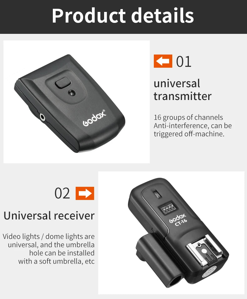 Godox CT-16 16 Channels Wireless Radio Flash Trigger Transmitter + Receiver Set for Canon Nikon Pentax Studio Speedlite Flash