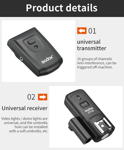 Godox CT-16 16 Channels Wireless Radio Flash Trigger Transmitter + Receiver Set for Canon Nikon Pentax Studio Speedlite Flash