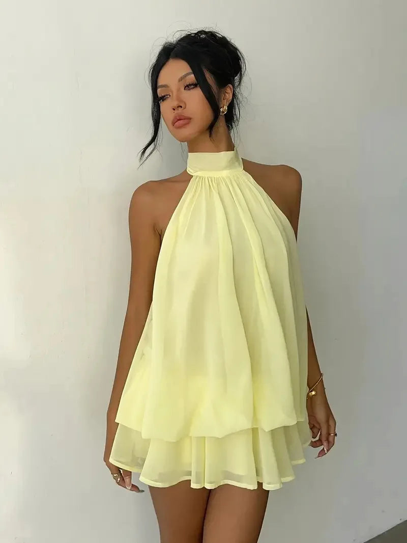 2026 Women's Elegant Halter Neck Sleeveless Ruffled Layered Chiffon Mini Dress Casual Summer Party Dress for Beach Vacation Y2K