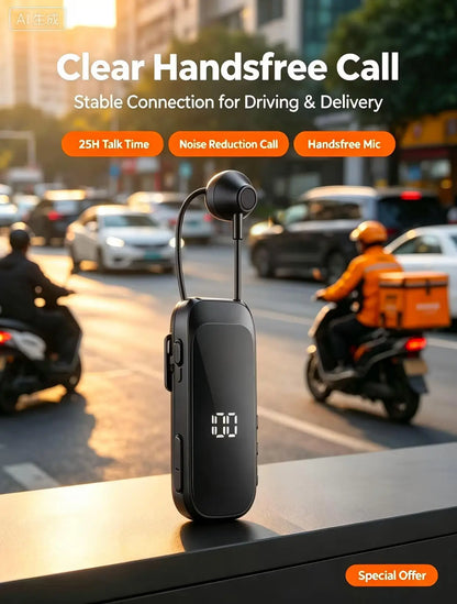 K30 Clip-on Bluetooth Headset with Digital Power Display, Retractable Earbud, 25H Talk Time & 300H Standby, Handsfree Wireless E