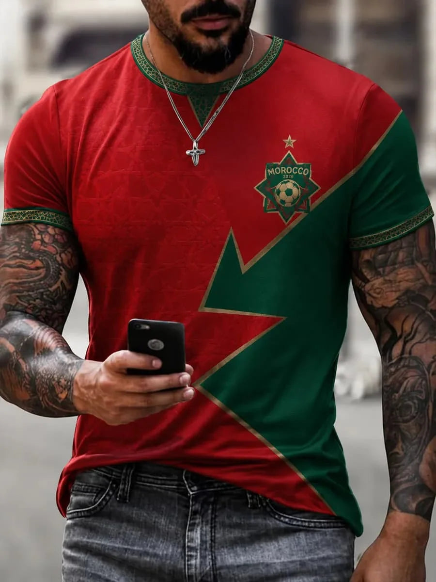 2026 Morocco Fan Football T-Shirt, Red Letter Print Quick Dry Short Sleeve Casual Sports Jersey Unisex