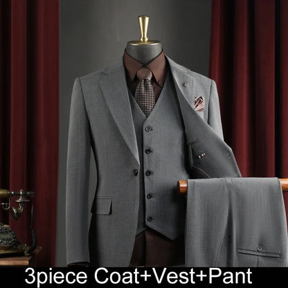 Men Suit Outfit Simple Solid Turn Down Collar Blazer Man Single-breasted Vest Straight-leg Pant Male Slim Wedding 3-piece Set