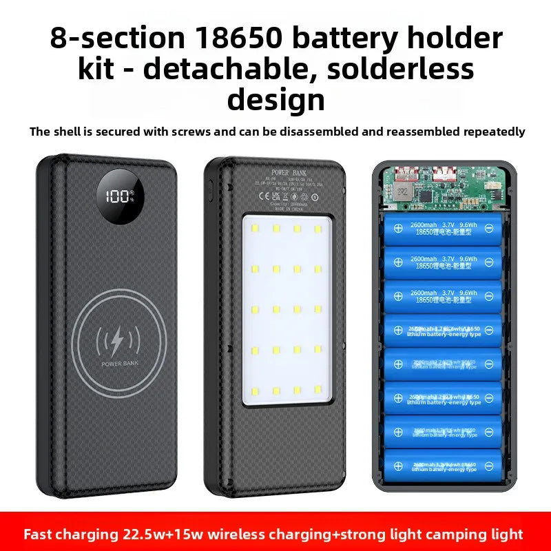 22.5W Fast Charging & Wireless Charging 18650 Battery Power Case - 8x18650 Battery Holder with Outdoor Camping LED Light
