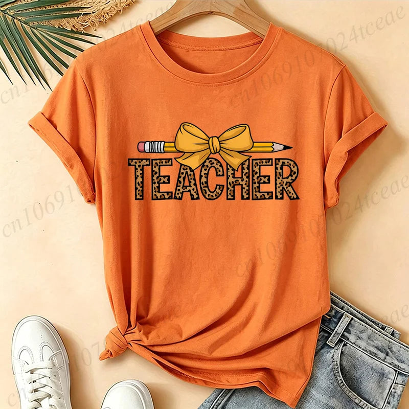 Leopard Teacher Pencil Bow Graphic T Shirt Women Teacher Appreciation Gift Casual Tops Short Sleeve Women's T-Shirts Clothing