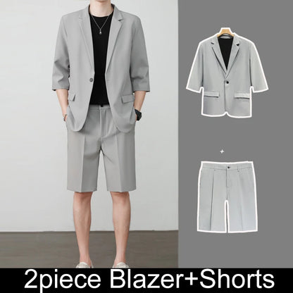 KIDWHXR Summer Men Outfit Thin Breathable Solid Color Male 2-piece Suit Set Loose Business Casual Man Short Sleeve Suits