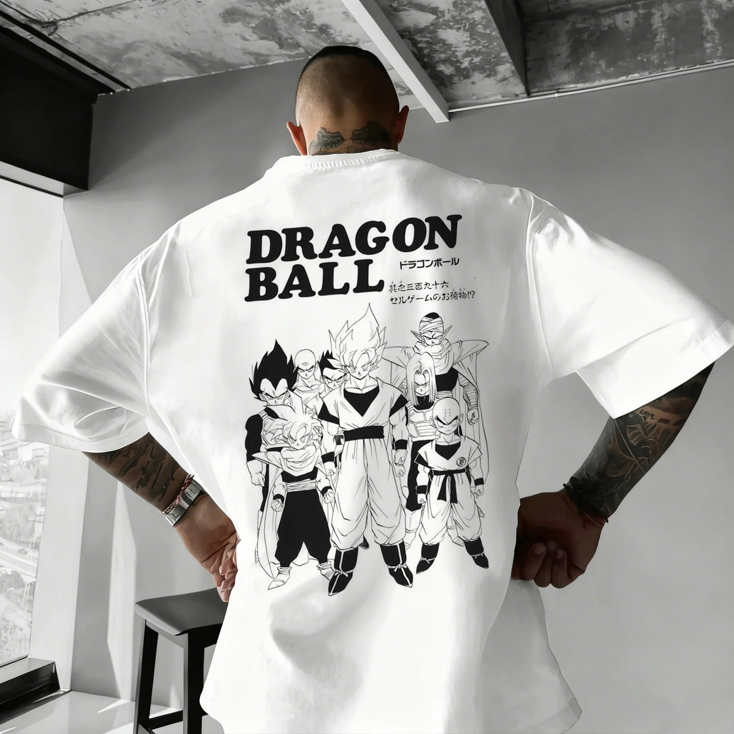 2026 Summer Dragon Ball Oversized T-shirt High Quality 100% Cotton Kid Goku with Power Pole Line Art Print UnisexCasual Y2K
