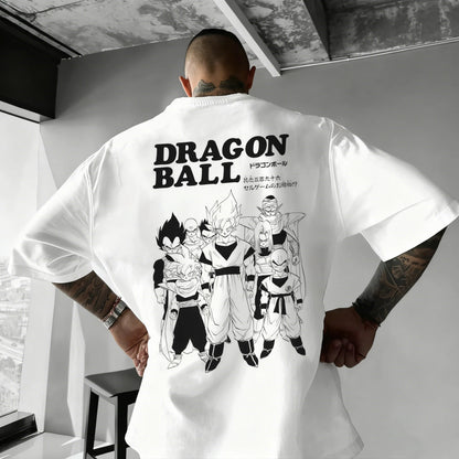 2026 Summer Dragon Ball Oversized T-shirt High Quality 100% Cotton Kid Goku with Power Pole Line Art Print UnisexCasual Y2K