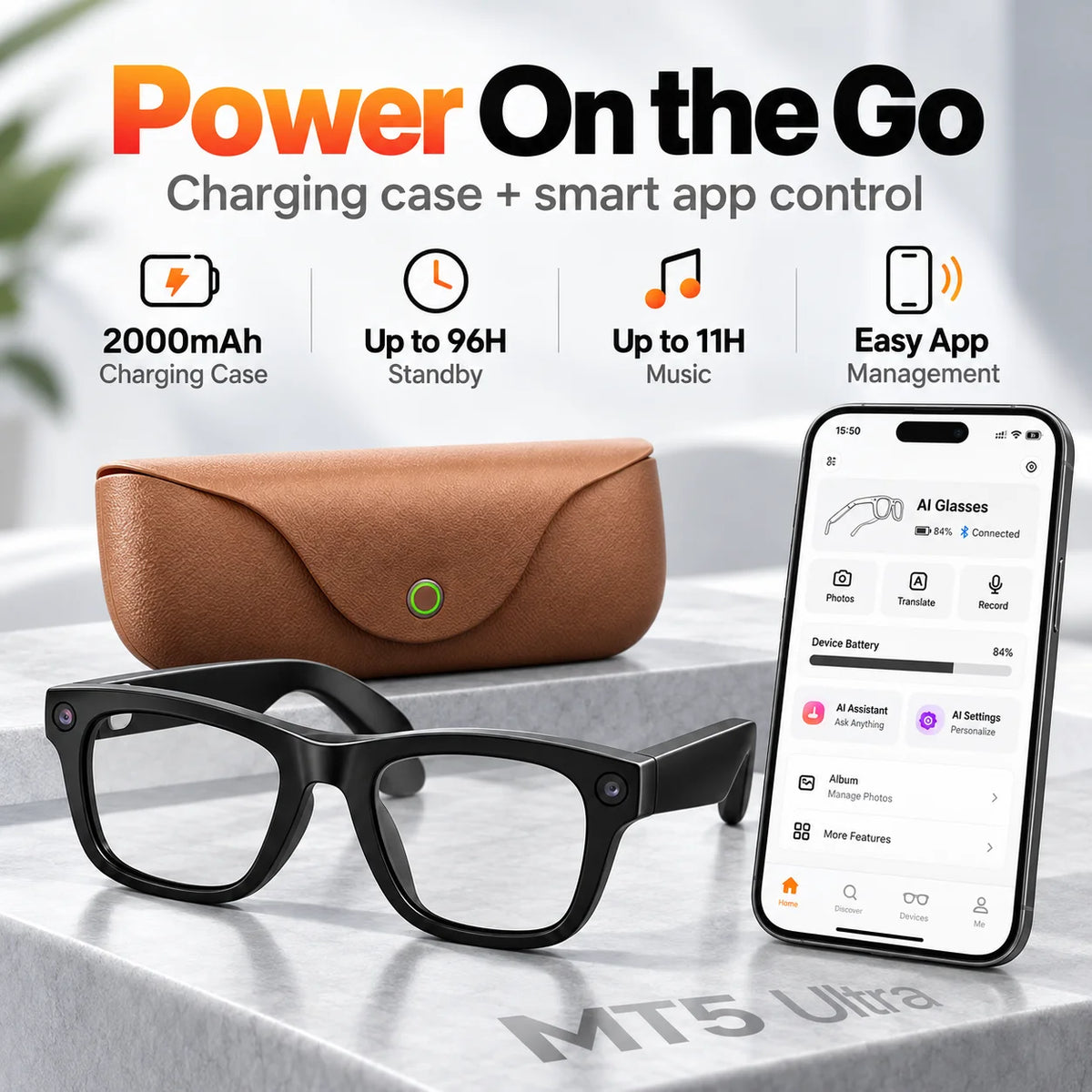 MT5 Ultra AI Smart Glasses 8MP Camera Video Recording Real-Time Translation Bluetooth Call Music with Charging Case