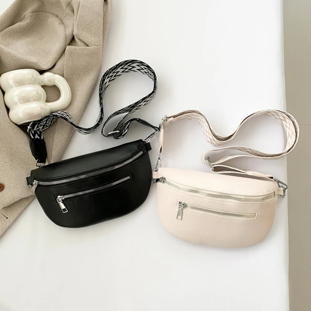2024 Luxury Designer Women's Chest Bag PU Leather Wide Strap Shoulder Crossbody Bag Female Fashion Fanny Pack Banana Waist Bag
