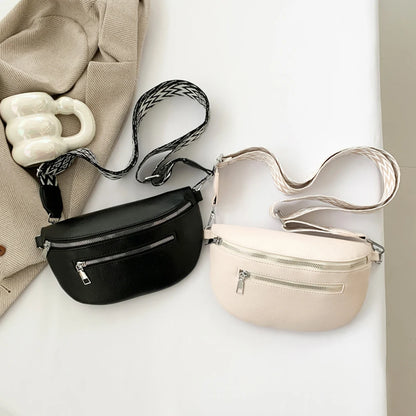 2024 Luxury Designer Women's Chest Bag PU Leather Wide Strap Shoulder Crossbody Bag Female Fashion Fanny Pack Banana Waist Bag