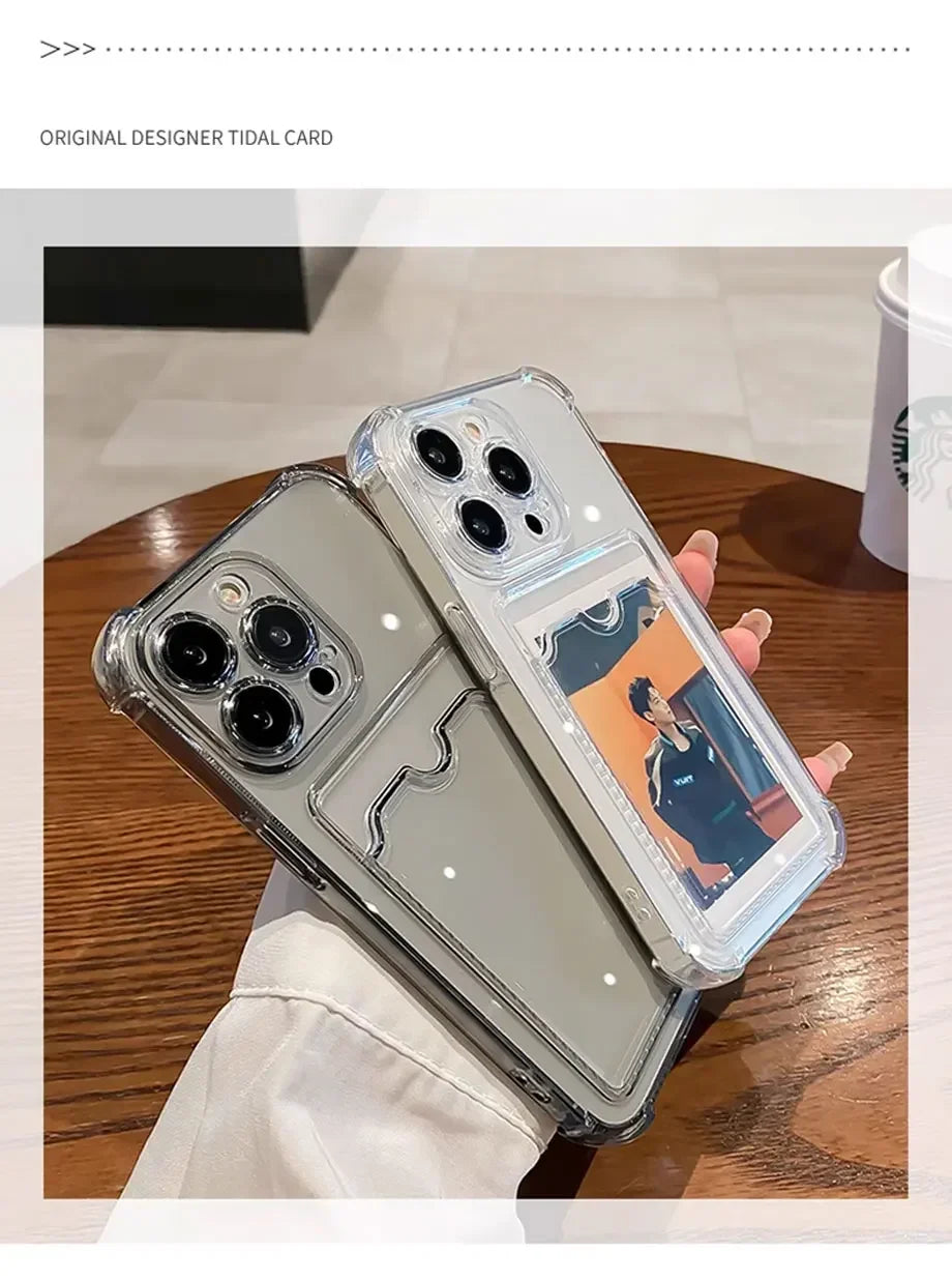 Przezroczyste Etui Portfelowe na Karty do iPhone 16 15 14 13 12 11 Pro Max Mini X XR 7 8 Plus Przezroczysta Odporna na Wstrząsy Miękka Obudowa