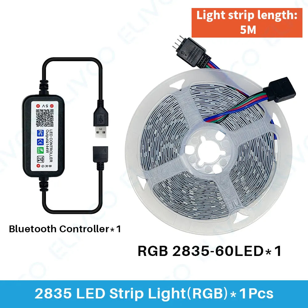5M USB Led Strip Lights RGB 2835 60 LED Bluetooth APP Control Luces Led Flexible Diode Decoration For Living Room Lamp Ribbon