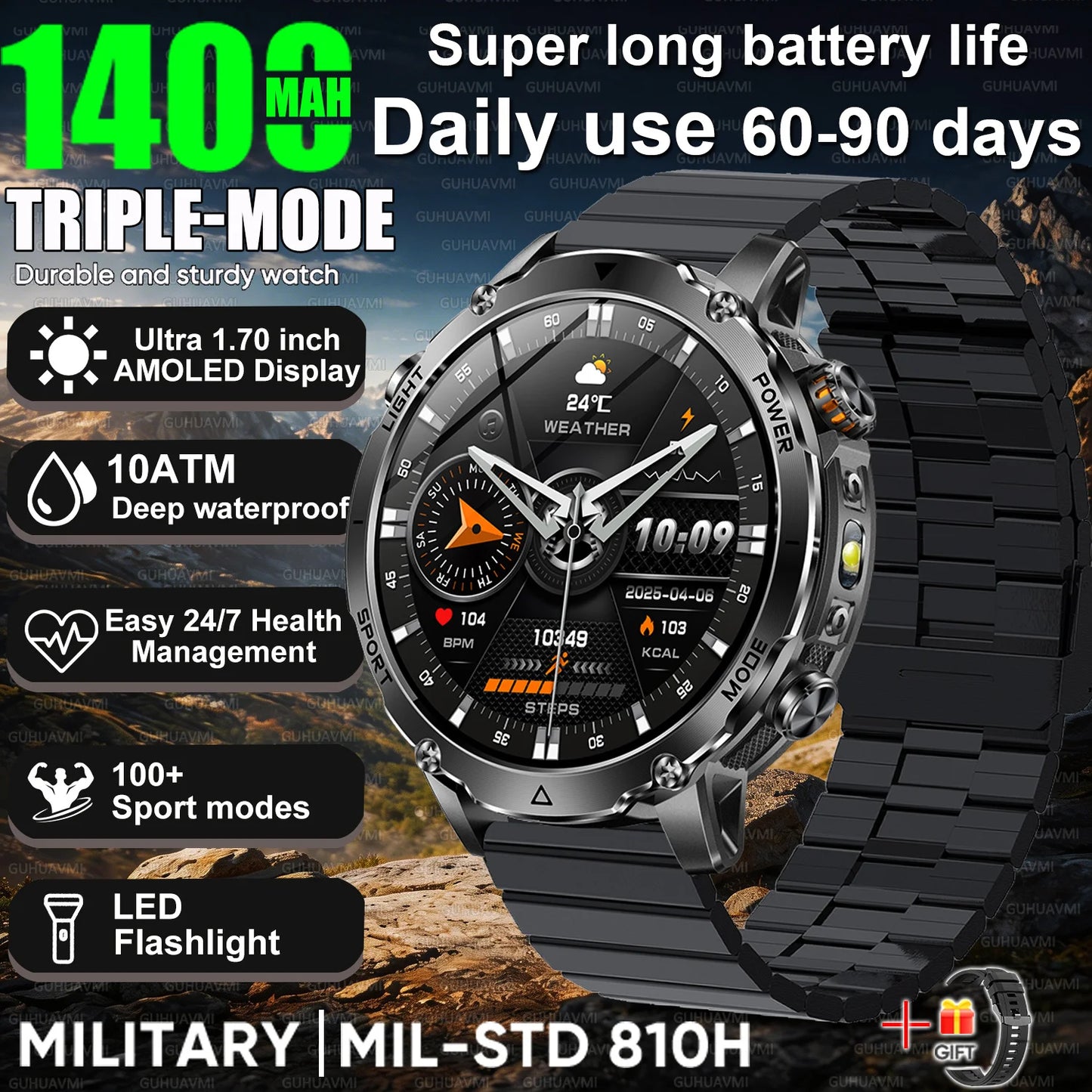 2026 Nowy Wojskowy CZOŁG Smartwatch Połączenia Bluetooth Wodoodporność 10ATM Bateria 1400mAh Monitorowanie Tętna Zegarek Sportowy Outdoor Męski
