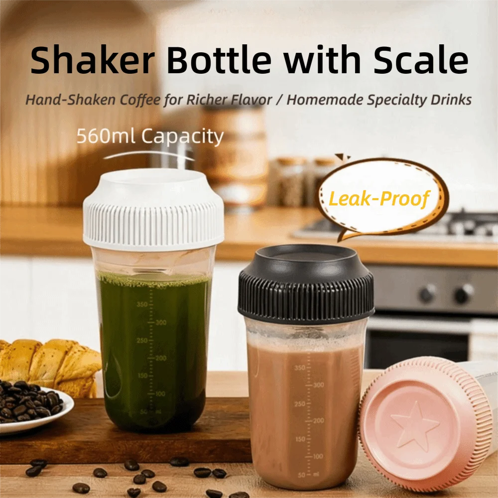 Microwave Safe Plastic Shaker Bottle with Scale 560ML Tumbler Leakproof Coffee Mixing Bottle Smoothies