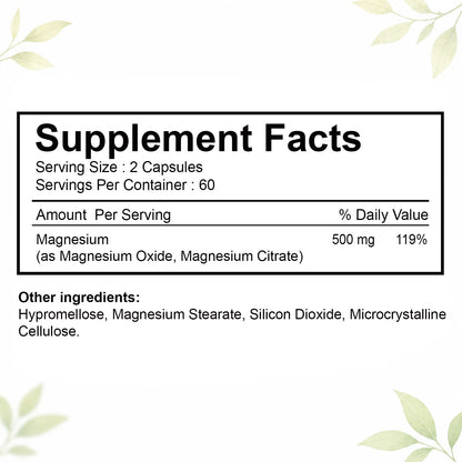 500MG Magnesium Citrate - Supplement for Stress, Relaxation, Bone, Sleep, Heart Health, Nerve, Muscle & Metabolism 120 Capsules