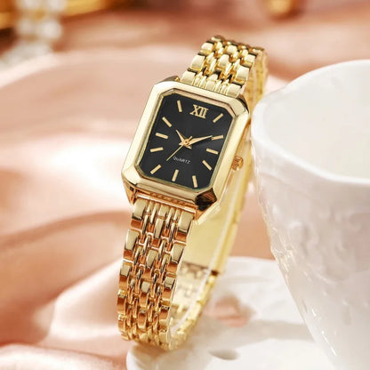 5PCS/Set Elegant Rectangle Women Watches Fashion Roma Dial Ladies Quartz Wristwatch Rhinestone Jewelry Set（Without Box）
