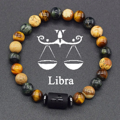 12 Zodiac Constellation Signs Bracelets for Men Women Real Natural Tiger Eye Stone Bead Bracelet Leo Taurus Charm Couple Jewelry