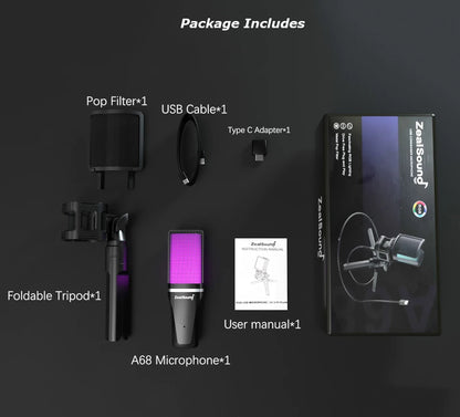 Zealsound RGB USB Condenser Gaming Microphone Computer Professional Mic For PC PS4 PS5 Mac Phone Recording Streaming Podcasting