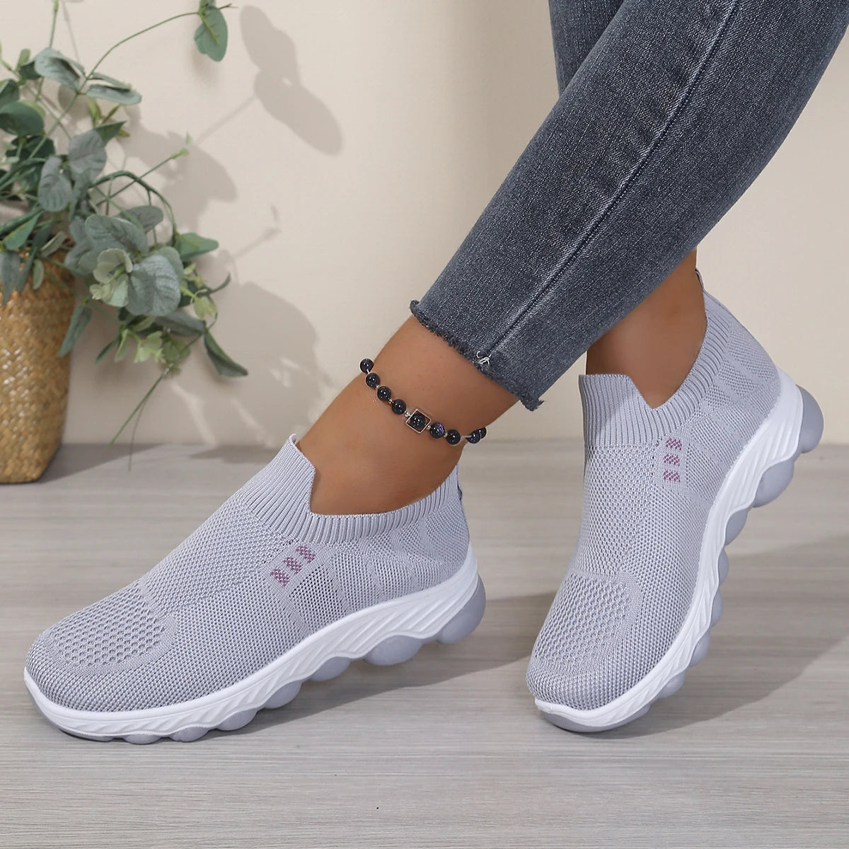Grid mesh slip-on street sneakers, integrated stretch ribbed collar, thick wavy layered two-tone midsole daily walking shoes