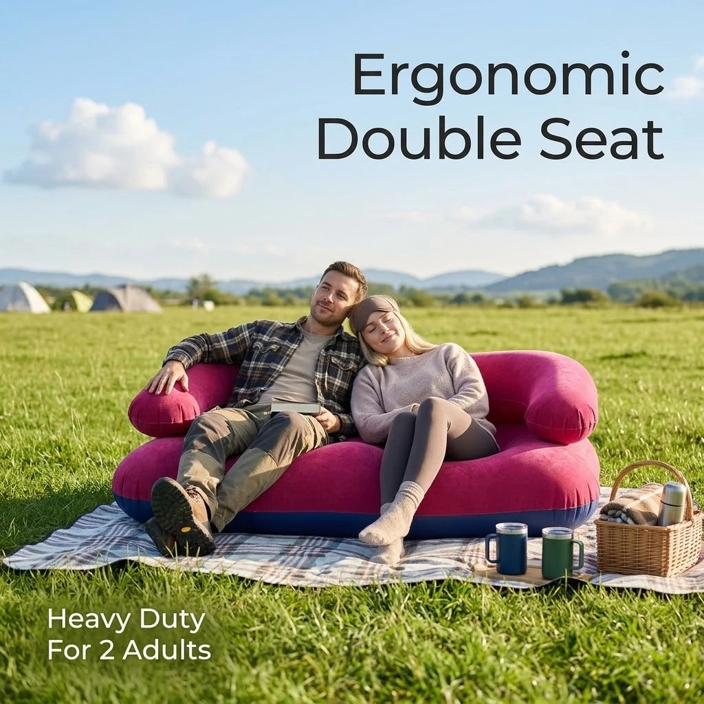 2 Person Inflatable Sofa Couch Portable Foldable Air Couch with Armrest Flocked Outdoor Camping Home Leisure Inflatable Lounge C