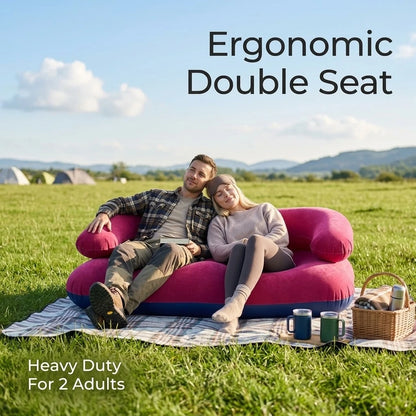 2 Person Inflatable Sofa Couch Portable Foldable Air Couch with Armrest Flocked Outdoor Camping Home Leisure Inflatable Lounge C