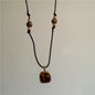 Vintage Leather Brown Stone Sun Pendant Beaded Choker Clavicle Chain Necklace For Women Unique Y2K Personalized Grunge Jewelry