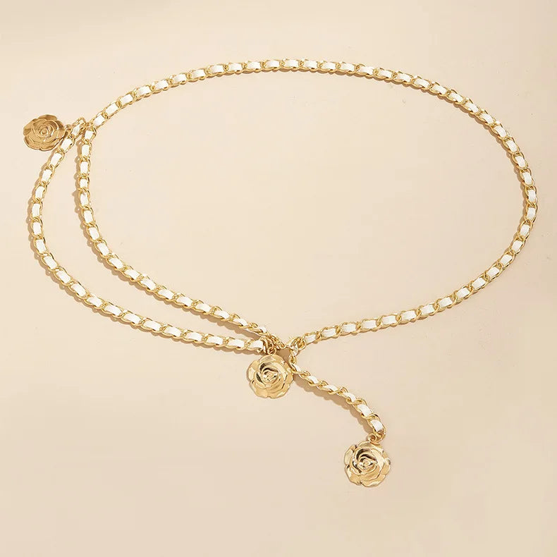 High Quality Metal Waist Chain Belts For Women Round Flower Pendant Chain Strap Rope Female Fine Waistband Dress Shirt Decoratio