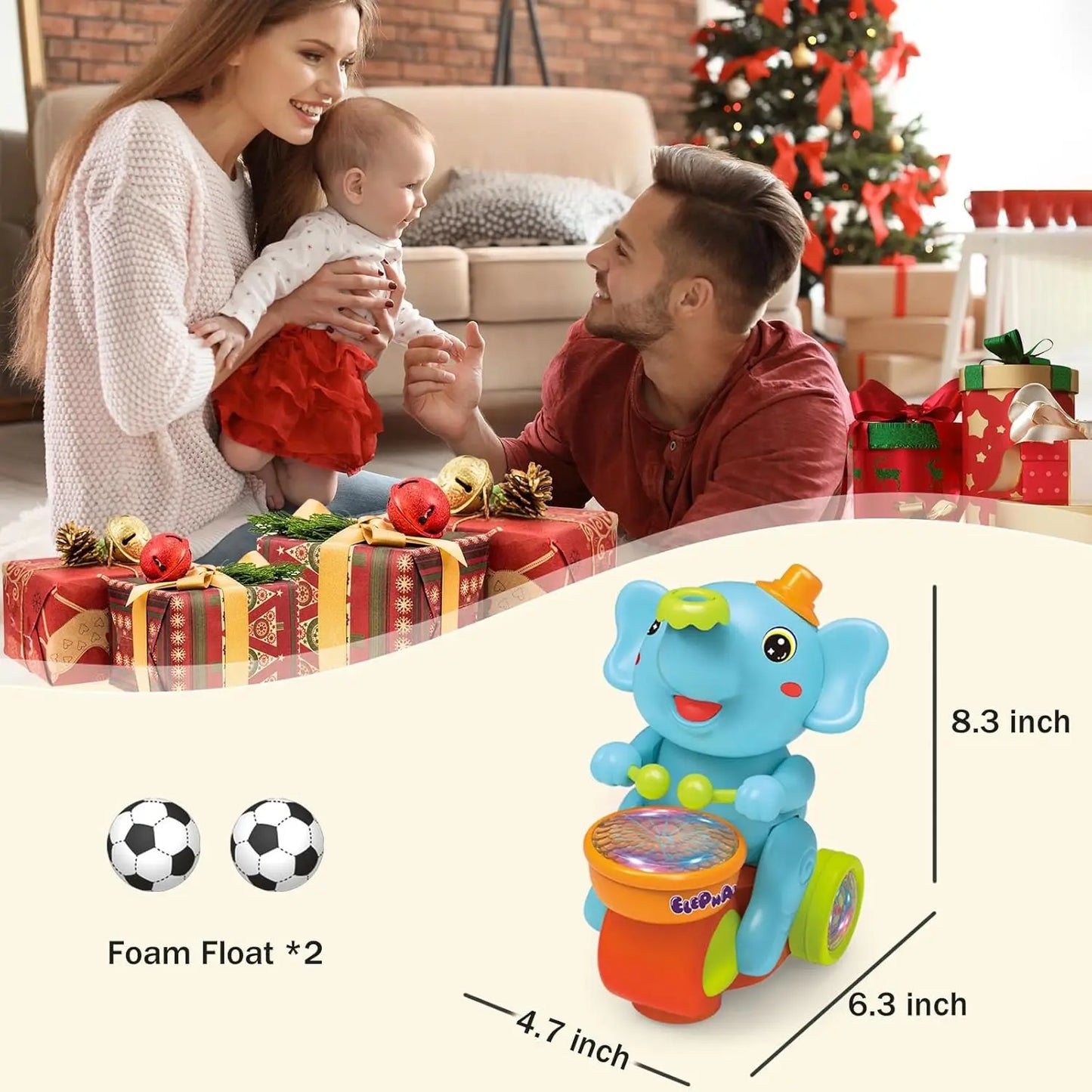 Baby Crawling Toy: Electronic Walking Elephant Drummer with Floating Ball, LED Lights, Music & Sounds | Interactive Sensory Toy