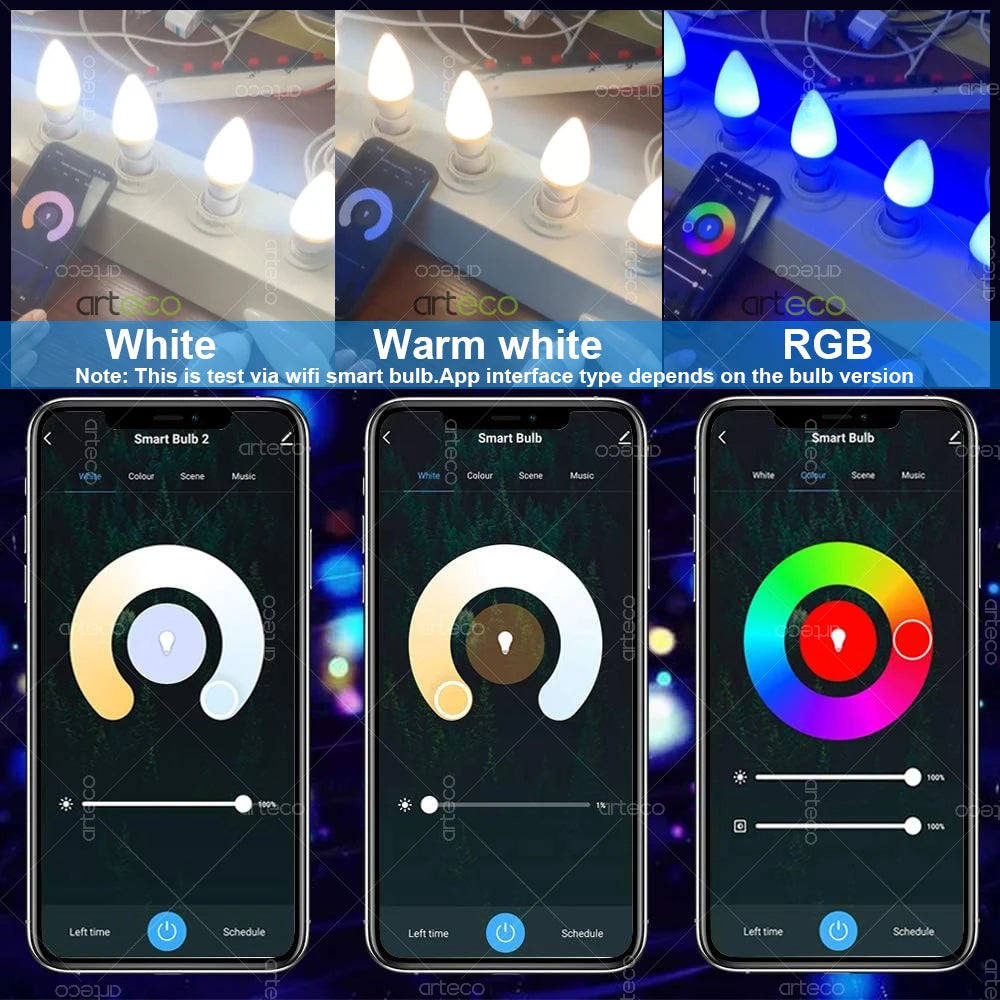 Tuya E14 Candle Lamp Smart Life App Control Smart Bulb WiFi Or Bluetooth RGB+CW LED Light 220V Dimmable Crystal Lamps Room Decor