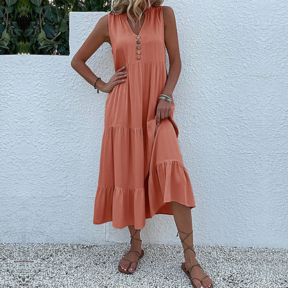 Casual Summer Midi Dress Women Sleeveless Tank V Neck Buttons Ruffle Loose Dresses Beach Soild Sundress Fashion