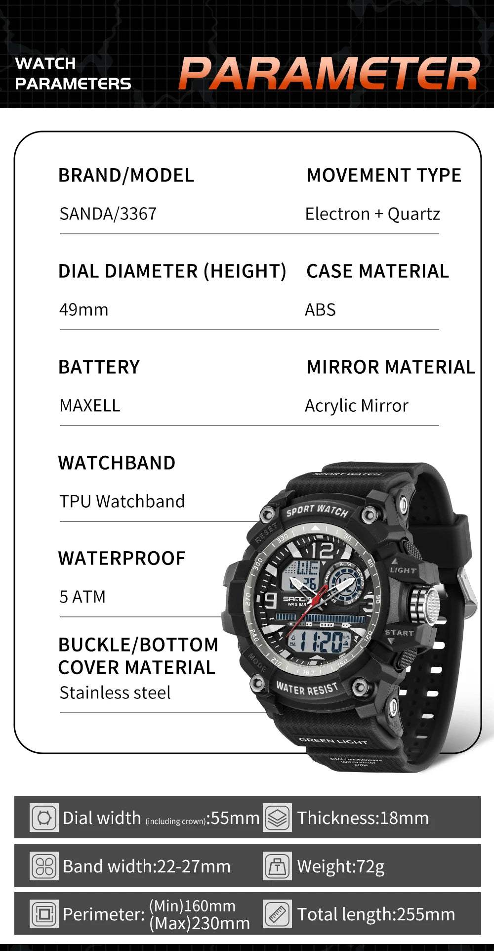 SANDA 3367 Men's Electronic Watch Large Dial Multi Functional Outdoor Waterproof Student Sports Electronic Watch