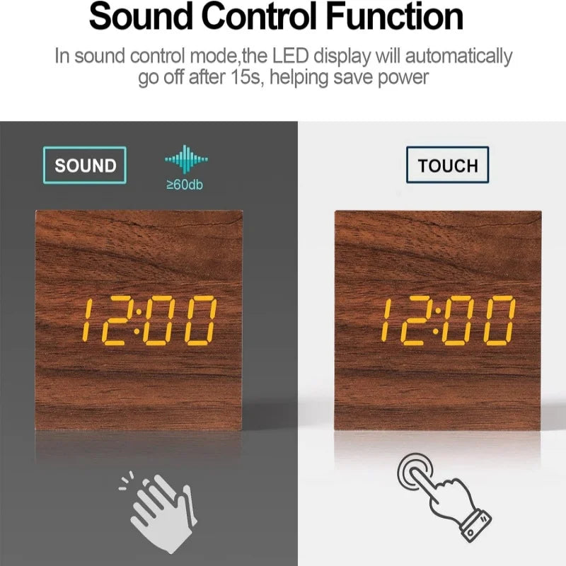 Voice Control  Wooden Digital Alarm Clock TEMP Date 3 Alarms Desktop Electronic Table Clock 12/24H USB Powered LED Bedside Clock