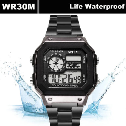 YIKAZE Luxury Men's Business Watch Stainless Steel Strap Men Digital Watch Luminous Multifunction Sports Electronic Wristwatch