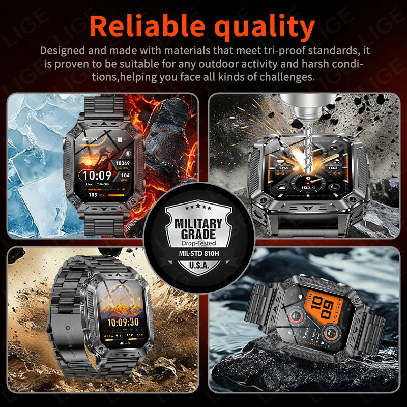 LIGE Wojskowy Inteligentny Zegarek 2.01'' Ekran HD Outdoor Sportowy Męski Zegarek SOS Czerwony Alarm Migająca Latarka Monitor Zdrowia Smartwatch