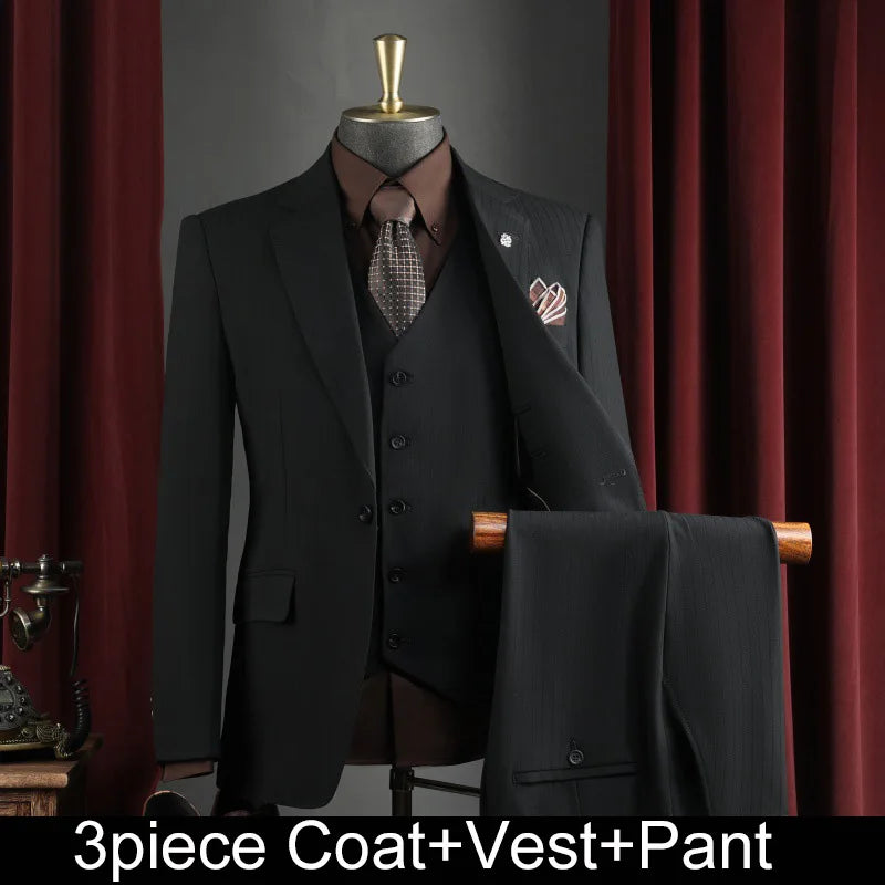 Men Suit Outfit Simple Solid Turn Down Collar Blazer Man Single-breasted Vest Straight-leg Pant Male Slim Wedding 3-piece Set
