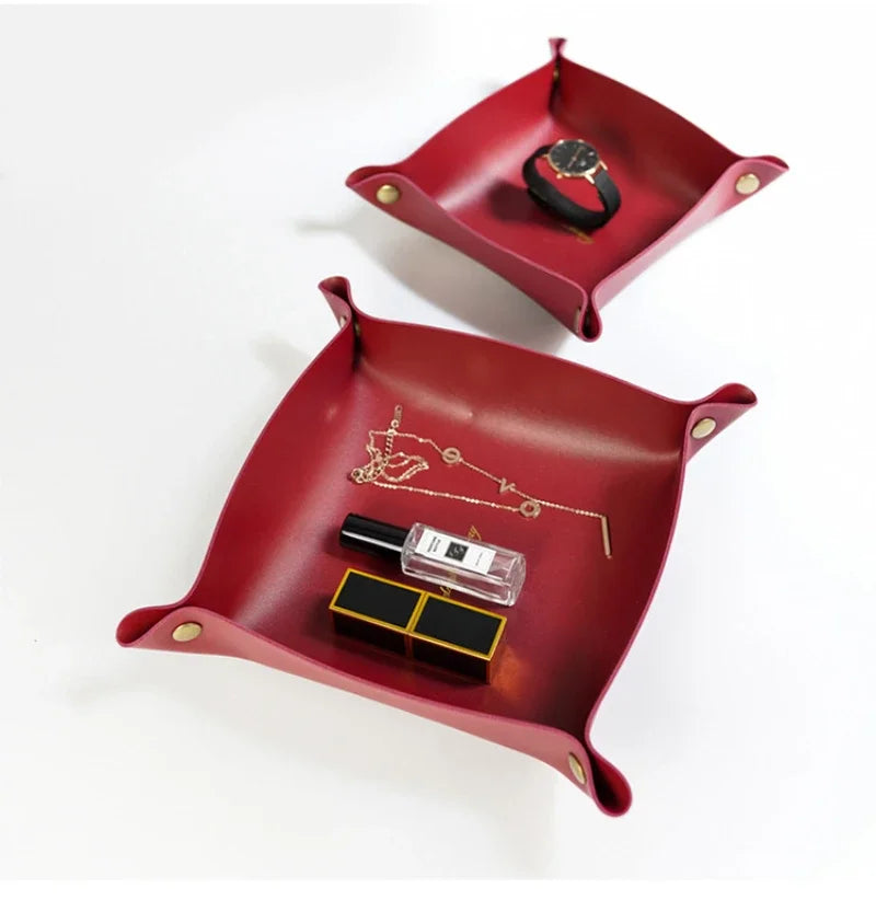 Nordic Leather Desktop Storage Tray Pu Leather Jewelry Cosmetic Key Storage Tray Desktop Folding Organizer Storage Box For Home
