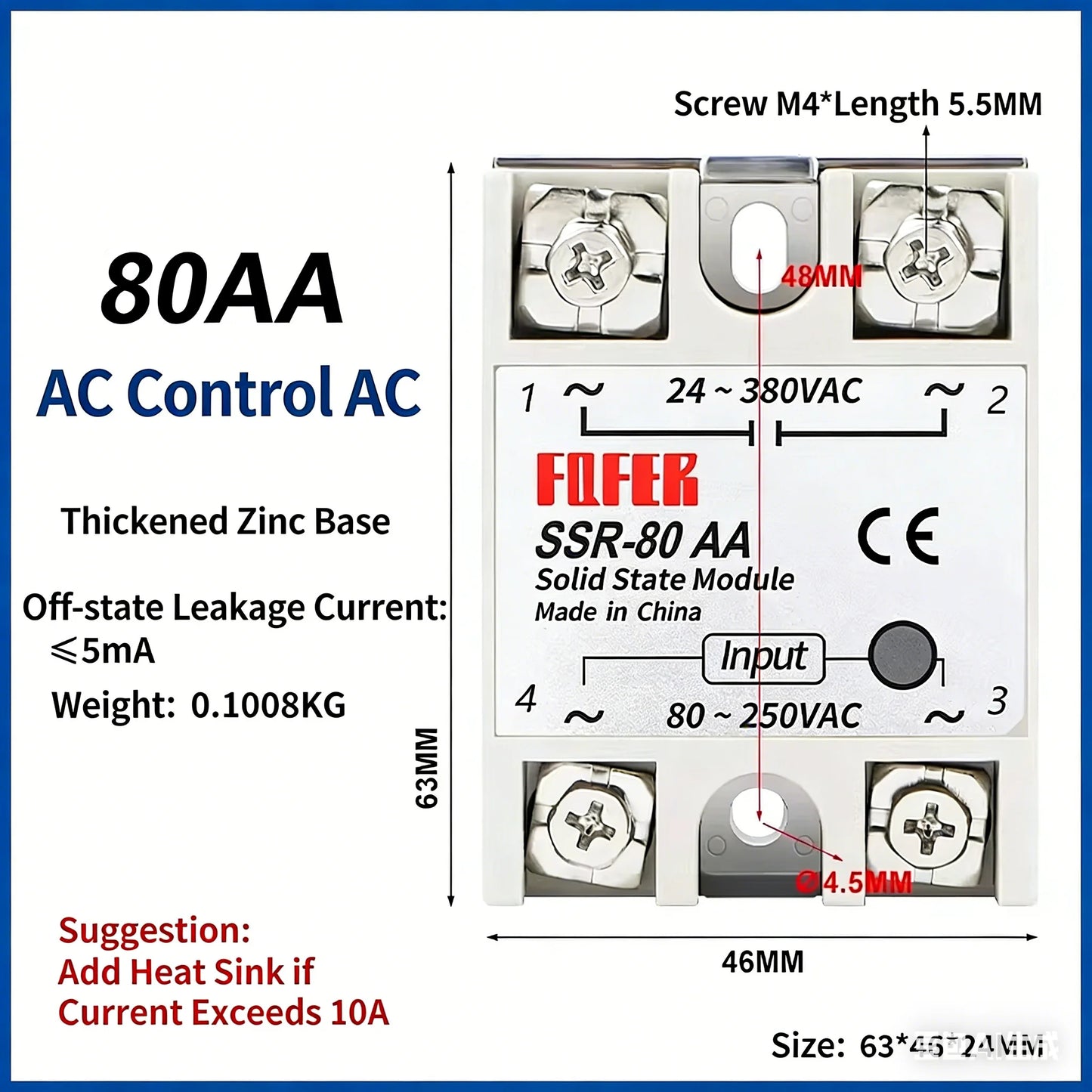 SSR-25AA 40AA 60AA AC Solid State Relay Single Phase AC-AC 80-250VAC Input 24-380VAC Output