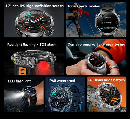 Smartwatch LIGE 2026 wojskowy, bateria 1400mAh, dla mężczyzn, latarka zewnętrzna, wodoodporność IP68, pulsometr, połączenia Bluetooth, bransoletka sportowa