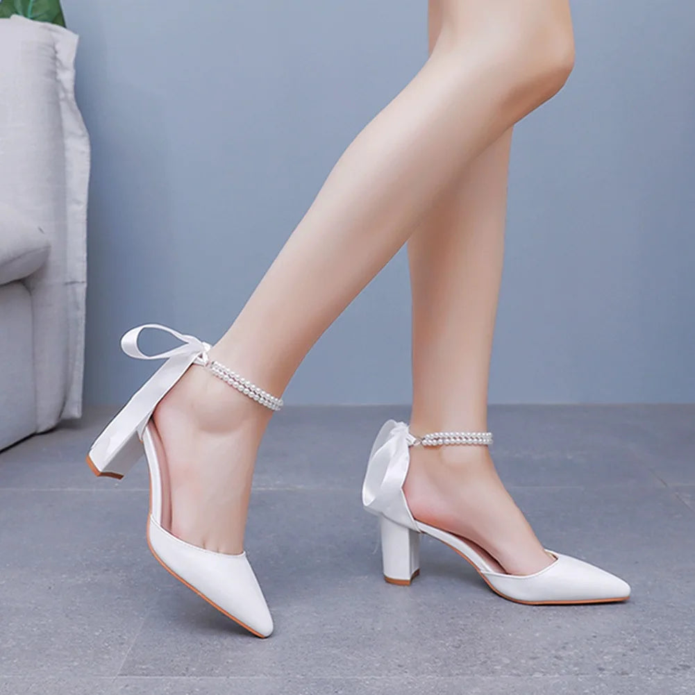 Women's Open Toe Block Heel Pearl Wedding Shoes for Bride Chunky Heeled Sandals Bridal Shoes Pumps