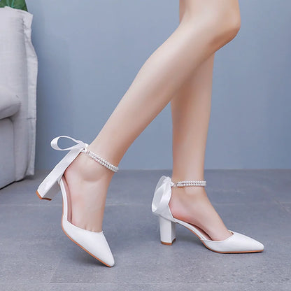 Women's Open Toe Block Heel Pearl Wedding Shoes for Bride Chunky Heeled Sandals Bridal Shoes Pumps