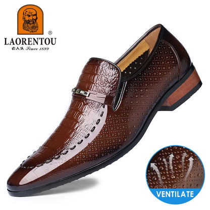 LAORENTOU true cowhide breathable perforated leather shoes with pointed tips, British business dress perforated leather sandals