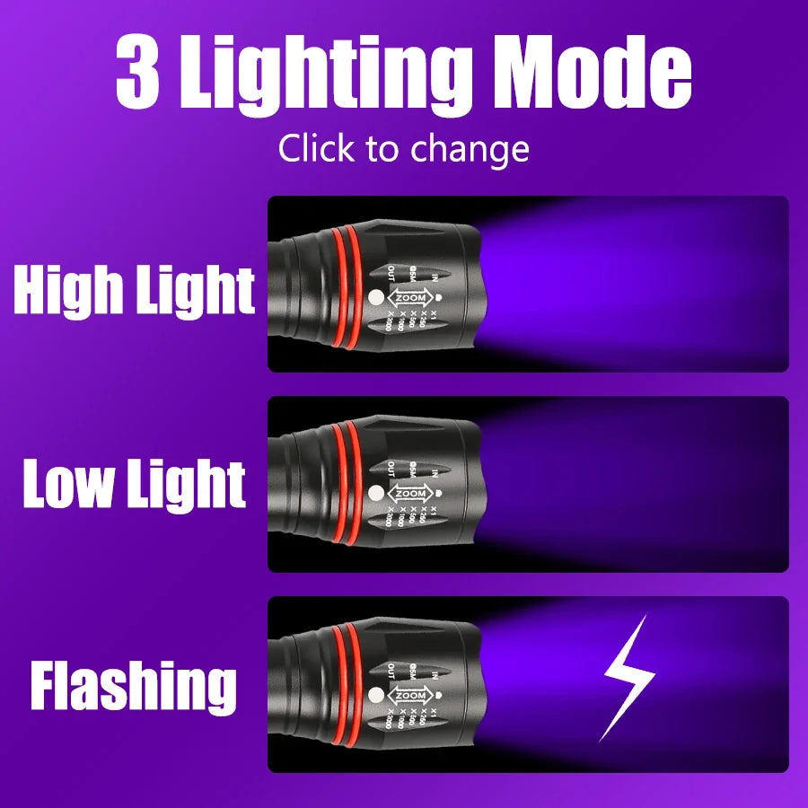 395nm LED UV Flashlight Rechargeable Zoomable Torch Light for Pet Urine Stain Detector Tools Lantern Money Fluorescer Detector