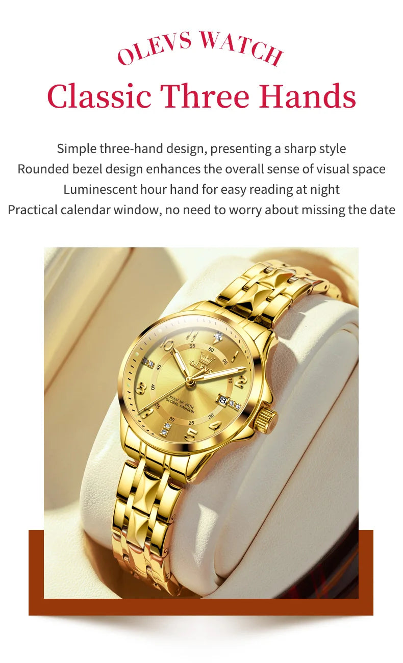 OLEVS 2910 Original Quartz Watches for Women Rhombus Steel Strap Waterproof Luminous Calendar Elegant Luxury Ladies Wristwatches