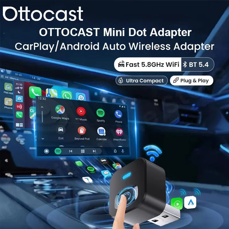 Ottocast Mini Dot 2in1 Wired To Wireless CarPlay Adapter Android Auto Dongle Smart AI Box Auto Connect Plug Play Car Accessories