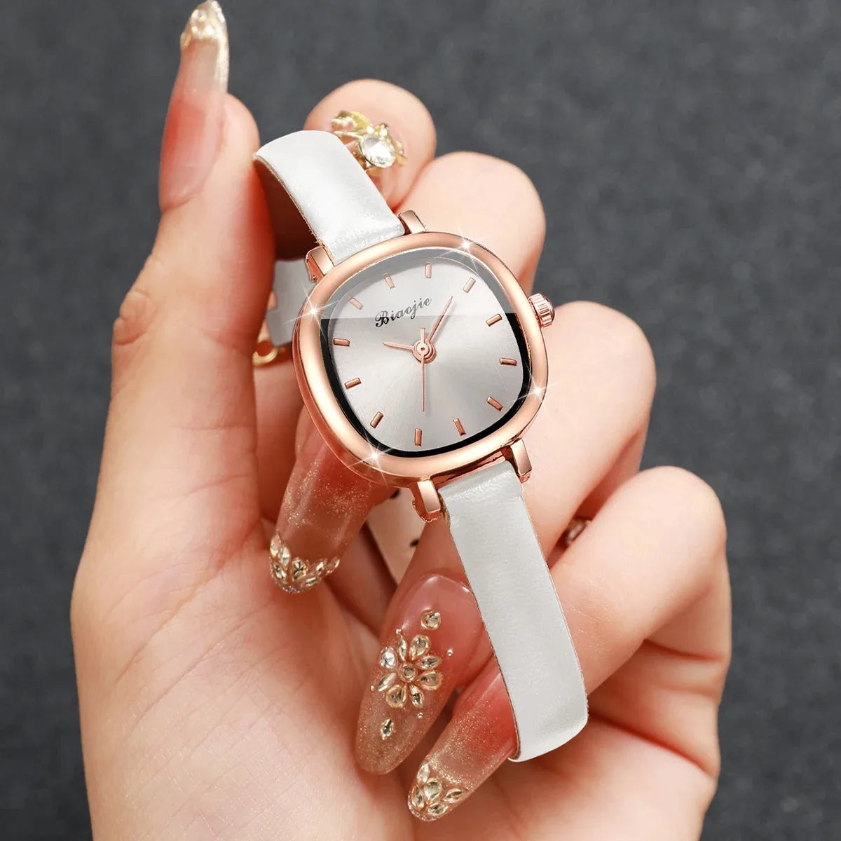 5PCS Fashion Square Women Quartz Watch Ultra-fine Leather Strap Wristwatches Heart Jewelry Set Relogio Feminino (Without Box)