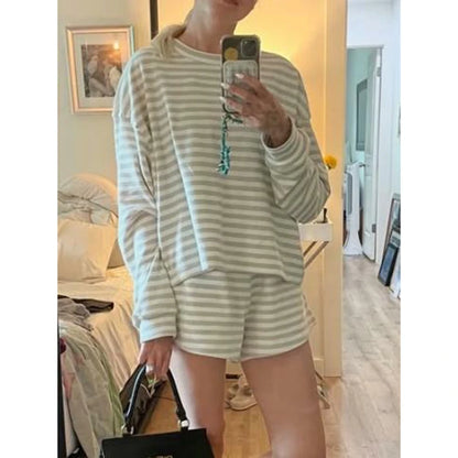 Combhasaki Women 2Piece Striped Y2k Outfits Set Casual Long Sleeve Crew Neck Shirt Tops+Elastic Waist Wide Leg Shorts Tracksuits